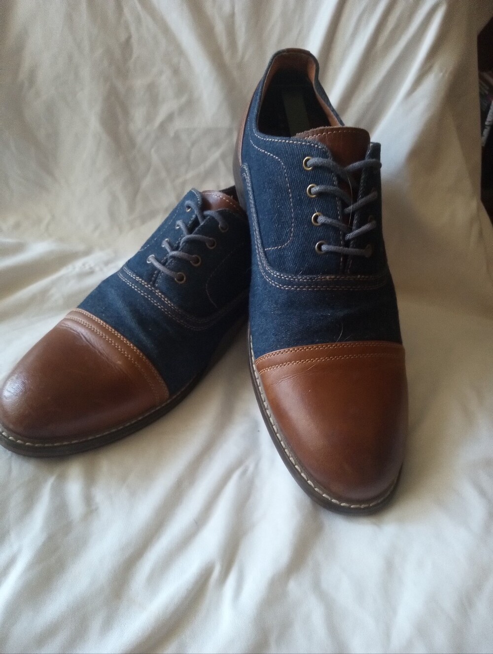 Sz 10 Vintage Foundry CoMen's Navy and Brown Cap-Toe Casual Dress Shoes